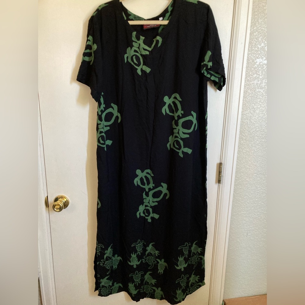🌞Sunset Rose Short Sleeve Black w/Green Turtle Hawaiian Style Maxi Dress #RW